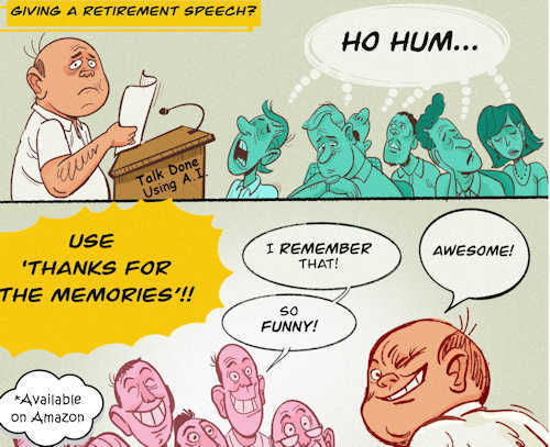 Cartoon comparing talk using AI with THanks for the Memories book