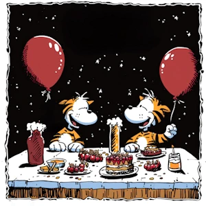 Cartoon of 2 dogs celebrating a  birthday