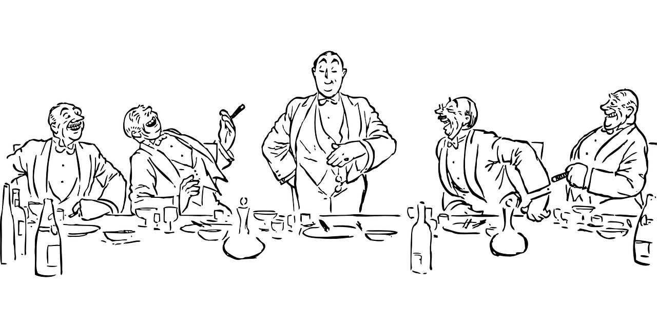 Drawing of birthday celebration with men at table