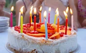 birthday cake with lmany lighted candles