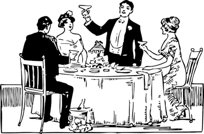 drawing of man toasting and formal dinner