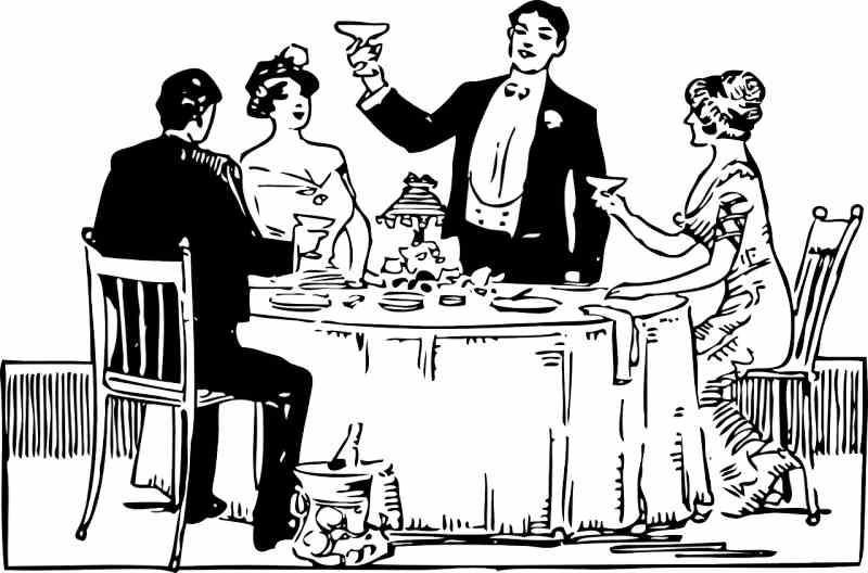 drawing of man toasting at old fashioned dinner