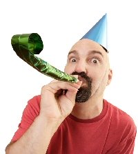 Guy with funny birthday hat and blower thing who is celebrating someone's birthday.