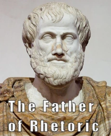Bust of Aristotle with wording "Father of Rhetoric"